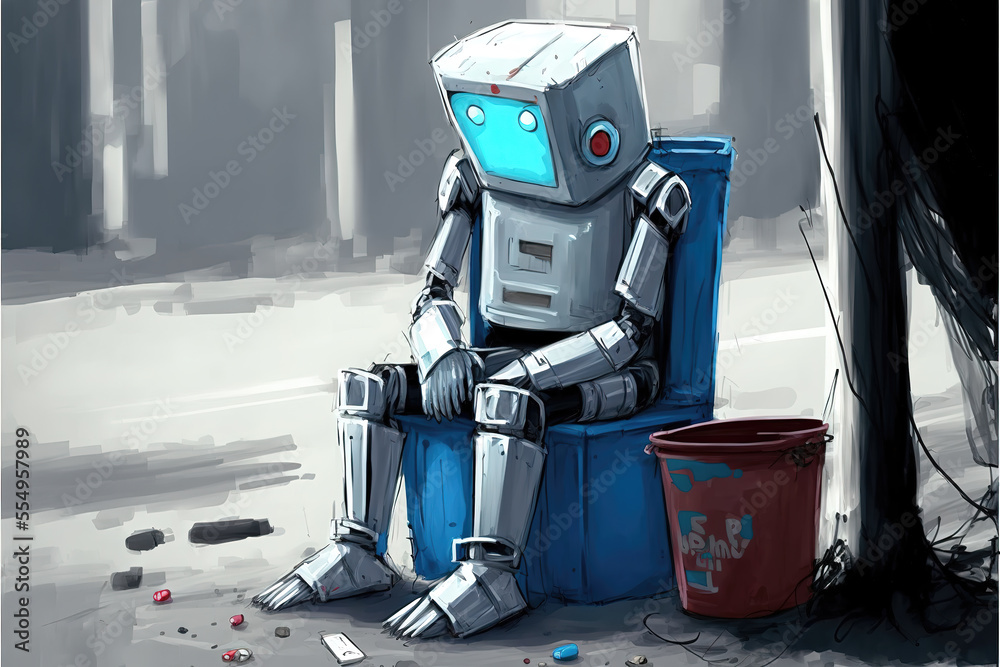 poor homeless robot is begging at the street, the end of technology