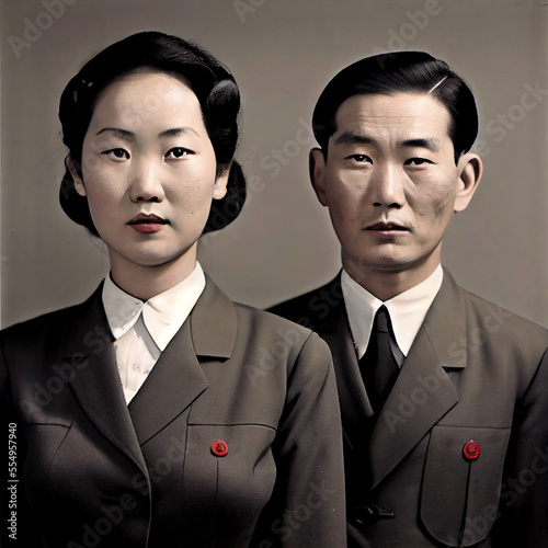 old fashioned formal portrait: young political officers in North Korea photo