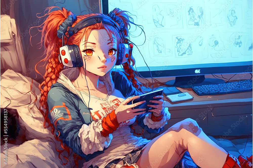 tired anime girl playing videogames with headphones red hair generative  ai technology Stock Illustration  Adobe Stock