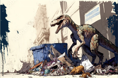 a raptor is looking for food in town, velociraptor searching in city, concept art, generative ai technology