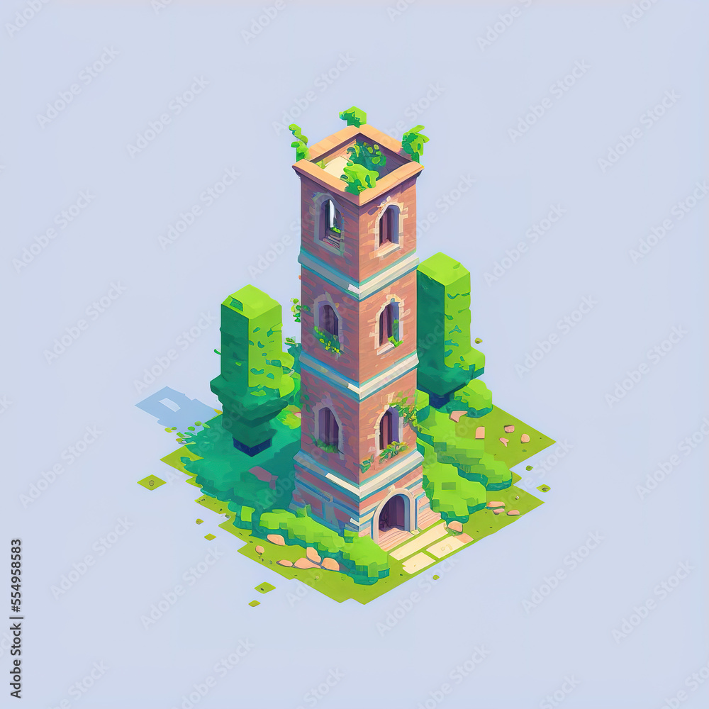 very simple game inspired tower, isometric look, generative ai ...