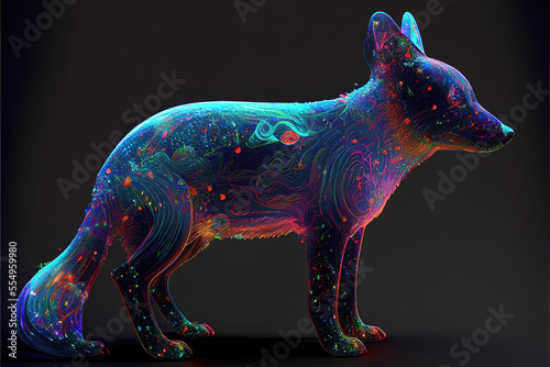 a holographic beautiful standing fox, universe endless style, generative ai technology photo