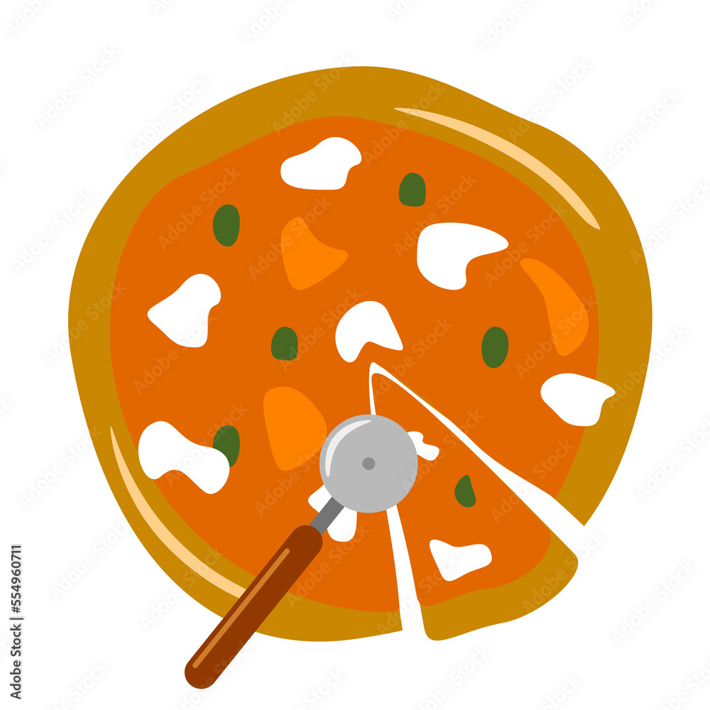 Obraz premium illustrazione con pizza Margherita e olive con fetta e rotella da taglio su sfondo trasparente