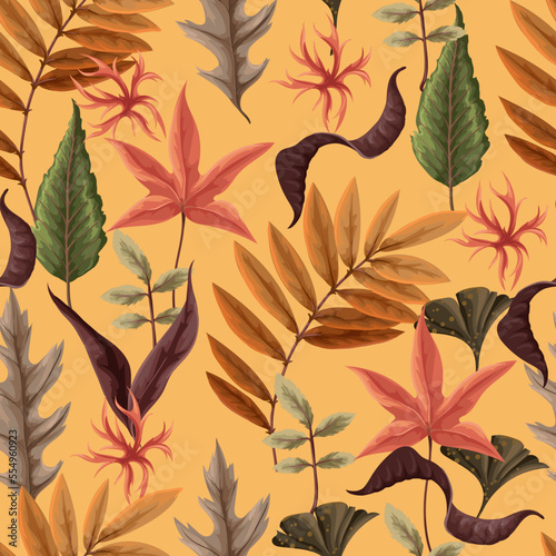 Seamless pattern with autumn leaves and dried plants. Vector.