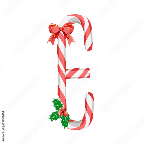Letter E in Christmas candy canes with decorations vector illustration 