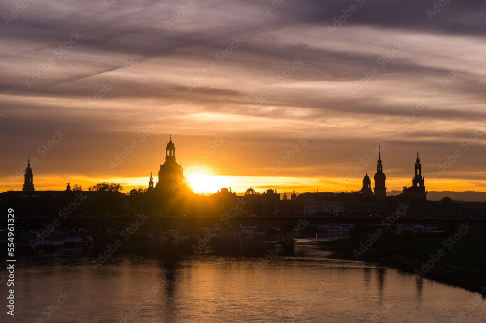 sunset skyline over river elbe in dresden germany