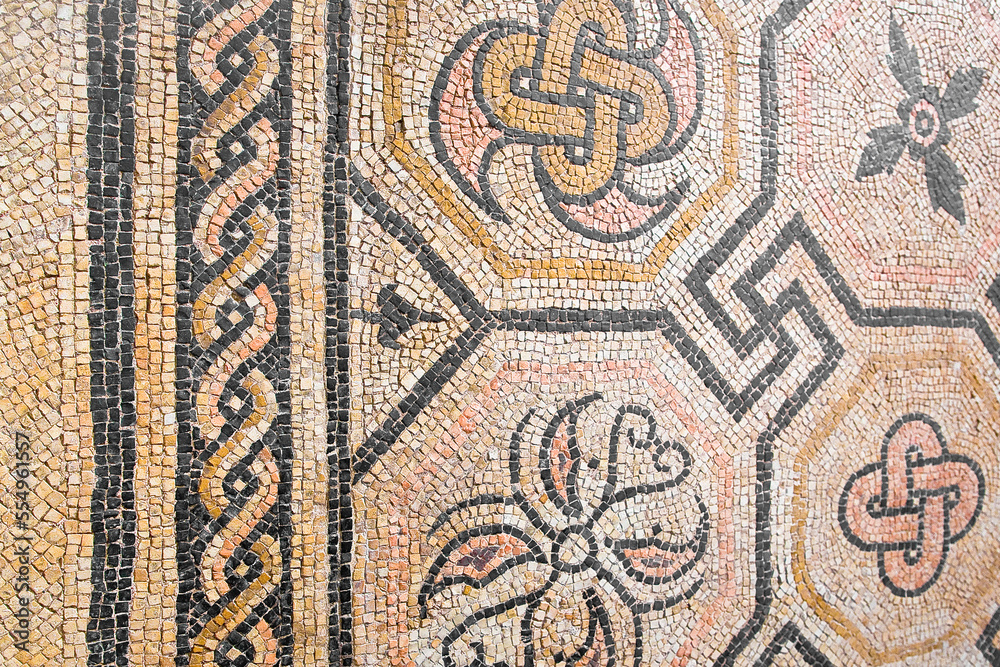 Ancient Italian Roman mosaic floor with geometric shapes compose Ancient Italian Roman mosaic floor with geometric shapes compose