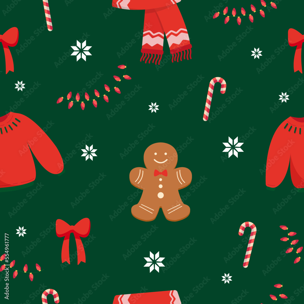 Pattern with Christmas clothes and cookies. Vector graphics