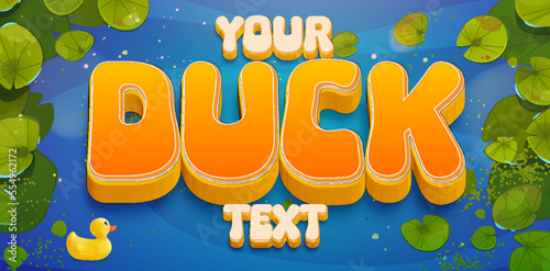 Your Duck Text editable text effect with yellow color theme on lake cartoon background with water lily pads. Font effect The quack text style 3d shiny orange and blue. eps vector file