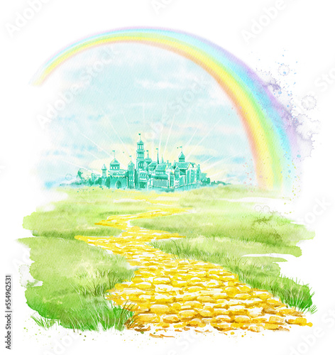 Fényképezés Watercolor fairytale fabulous emerald city, rainbow and yellow golden brick road isolated on white background