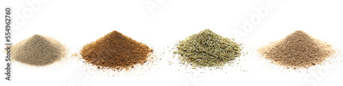 Set spice pile, ground white pepper, tikka masala, dry rosemary, shiitake mushroom powder isolated on white