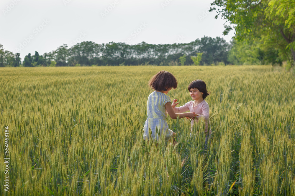 two girls with short dark hair playing together in wheat field two girls with short dark hair playing together in wheat field