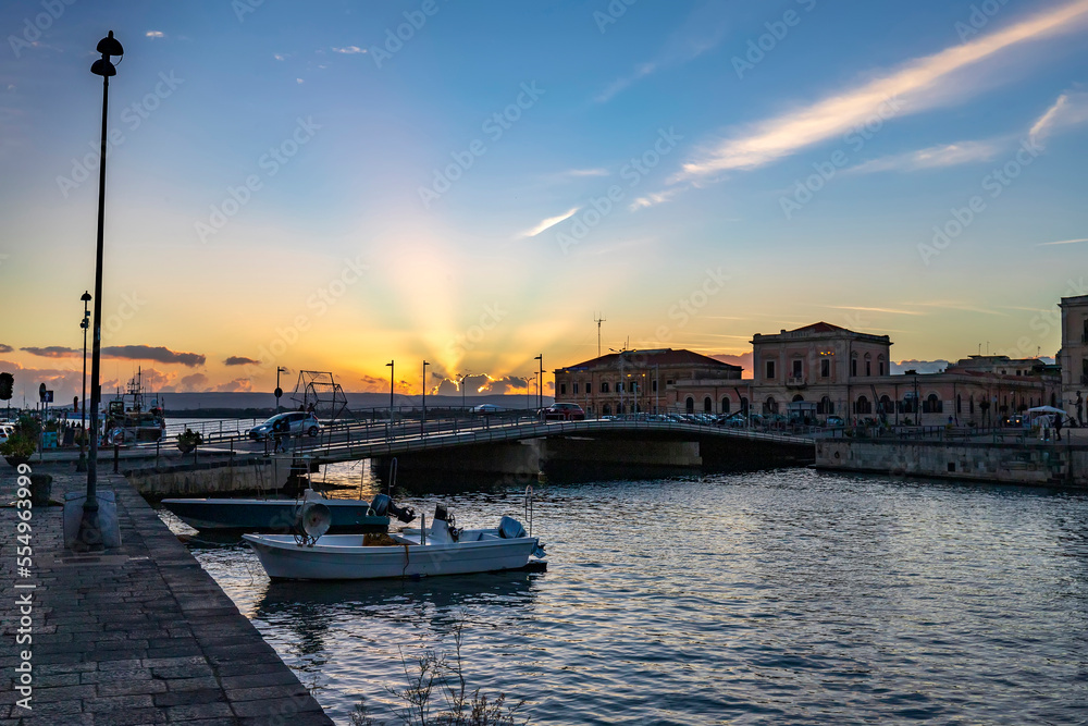 Sunset at Umberto I bridge in Syracuse Sicily. Italy