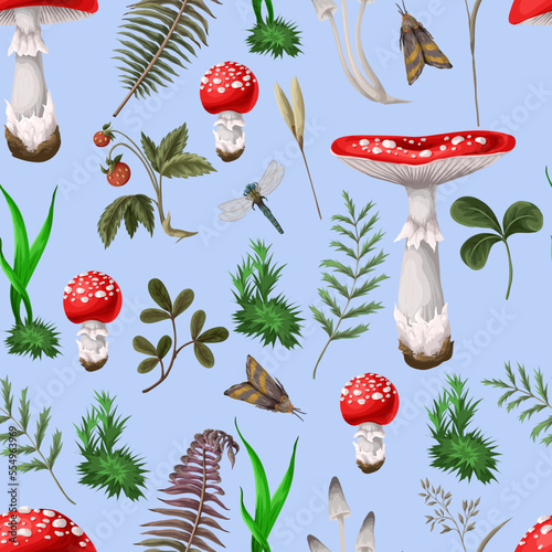 Seamless pattern with fly agaric, other mushrooms and plants. Vector.