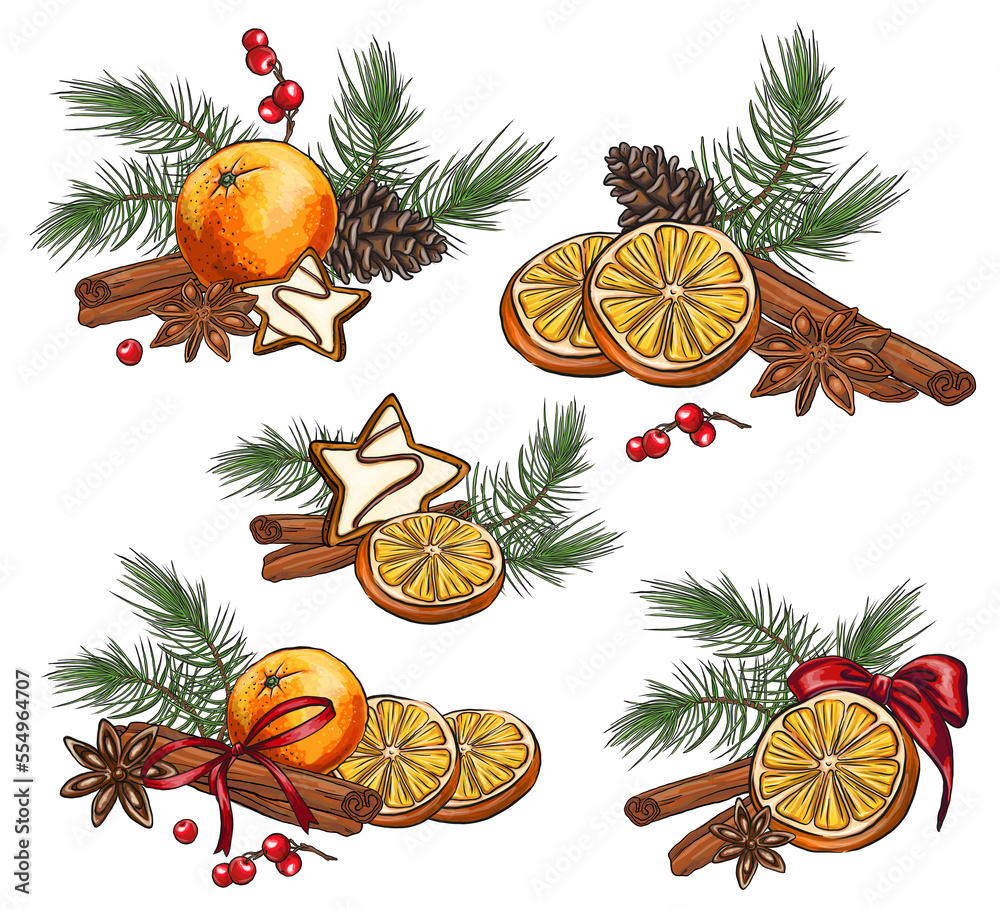 set of Christmas composition with cookies. Hand drawn composition with cinnamon, citrus and pine branches on a white background. Food illustration for design, print, fabric or background set of Christmas composition with cookies. Hand drawn composition with cinnamon, citrus and pine branches on a white background. Food illustration for design, print, fabric or background