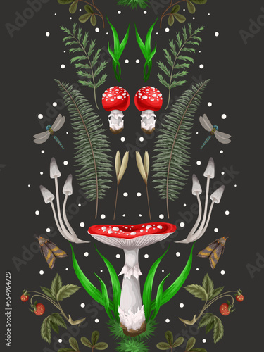 Seamless pattern with fly agaric, other mushrooms and plants. Vector.