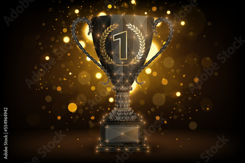 Low Poly Dark Trophy with Gold Spark Background, Polygonal Geometric Vector Illustration