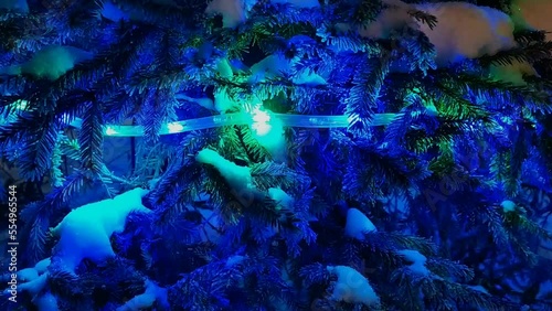 colored and Christmas garlands glow with bright colors and on the Christmas tree at night in the park