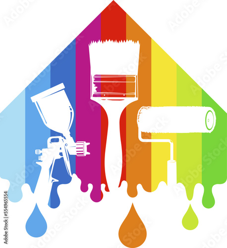 A house painted with colored paint. Painters tool silhouette