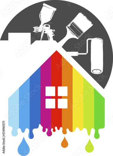 Painters tool silhouette. Colored paint and house. Brush, roller and spray gun