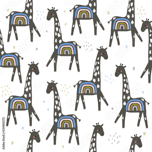 Seamless pattern with rainbow giraffe. Cute childish animal print. Vector hand drawn illustration.