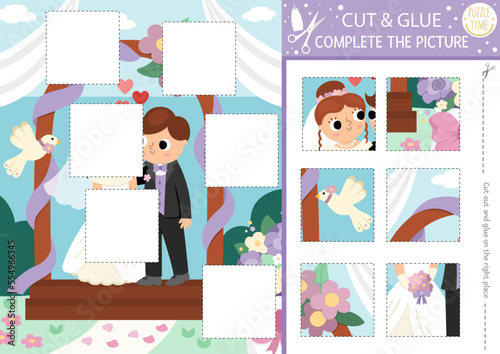 Vector wedding cut and glue activity. Crafting game with marriage scene, bride and groom under the arch. Printable worksheet for children. Find the right piece of the puzzle. Complete the picture.