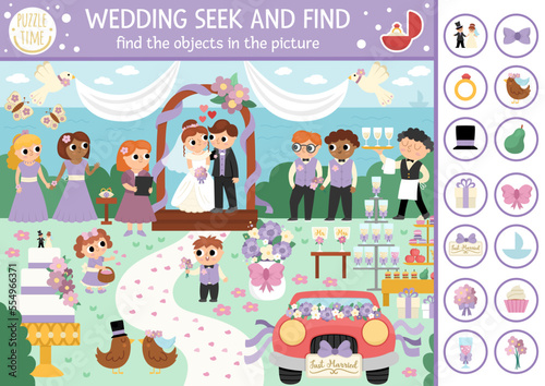 Vector wedding searching game with marriage ceremony scene. Spot hidden objects in the picture. Simple seek and find educational printable activity for kids with cute bride, groom, guests.