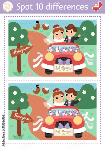 Find differences game for children. Wedding educational activity with cute married couple. Marriage ceremony puzzle for kids with bride and groom going to Honeymoon. Printable worksheet, page.