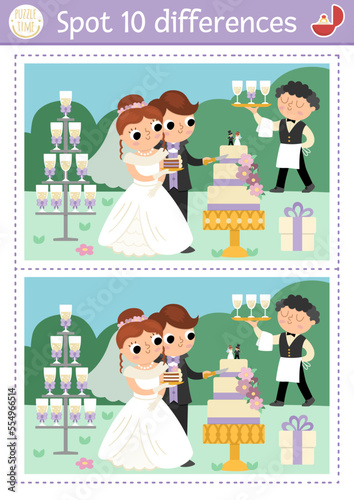 Find differences game for children. Wedding educational activity with cute married couple. Marriage ceremony puzzle for kids with bride and groom cutting cake. Printable worksheet or page.