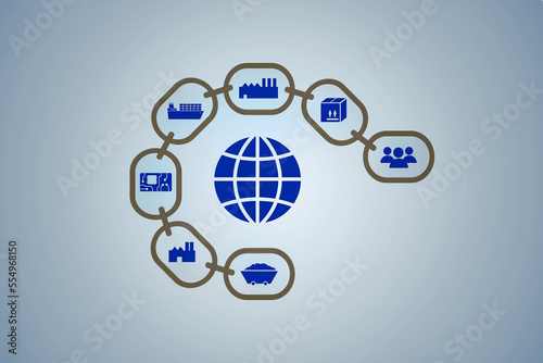 Lieferkette um die Welt mit Symbolen für Elekronik, Welthandel, Containerschiff Transport als Grafik in Blau photo