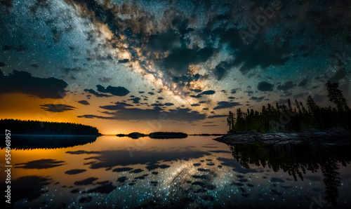 Milky Way over the sea. Beautiful night landscape of nature  Shining stars of the night sky of the milky way are reflected in the lake.