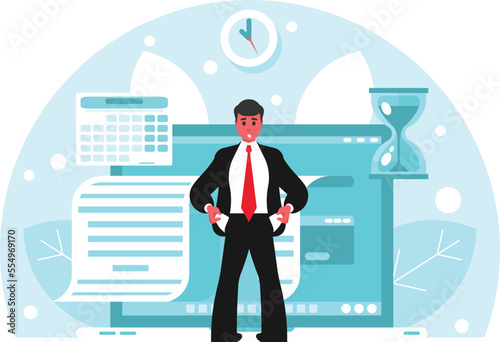 Tax debt concept. Unhappy businessman with empty pockets. Man worry for loan, mortgage and financial bills. Financial crisis, inflation concept. Bankruptcy and economic problems. No money. Vector