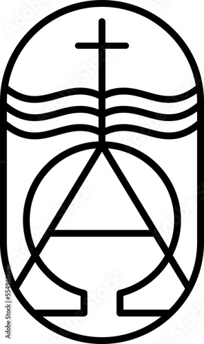 Vector religion line cross and open book Bible in church. Alpha and Omega is Jesus Christ logo icon illustration. Lord on Calvary is center christianity. God forgiveness and love people