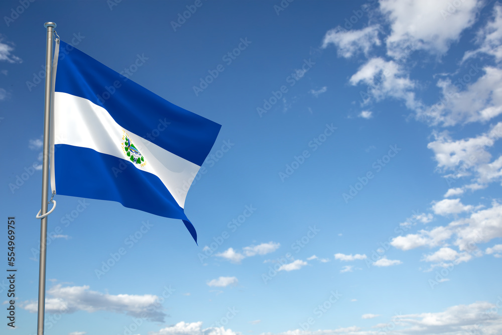 Republic of El Salvador flags over blue sky background. 3D illustration Republic of El Salvador flags over blue sky background. 3D illustration