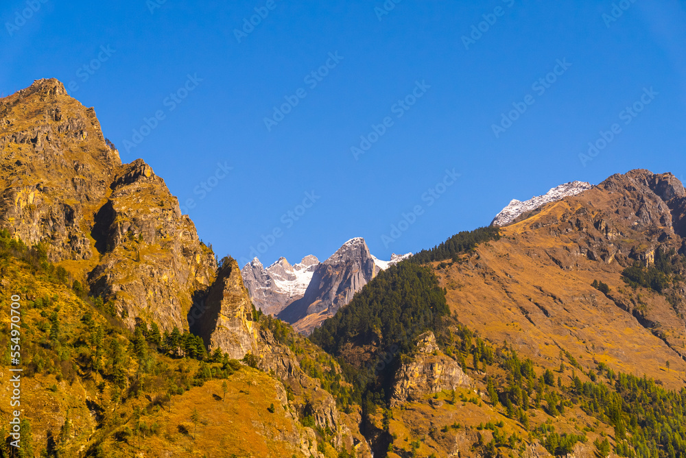 Obraz premium Picturesque view of himalayan mountain range and forest on a sunny cloudless day, Nepal