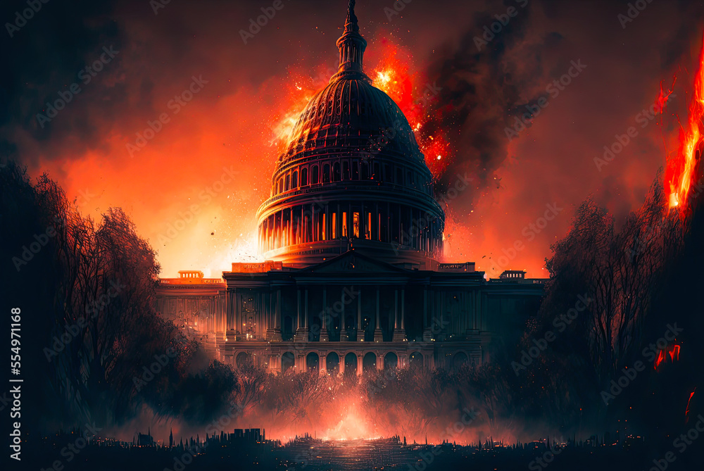 Obraz premium Civil war, radical extremism concept, Washington on fire. Generative AI