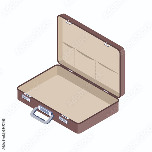 Briefcase in 3D isometric realistic style isolated on white background. Opened empty case with 4-Dial combination lock.