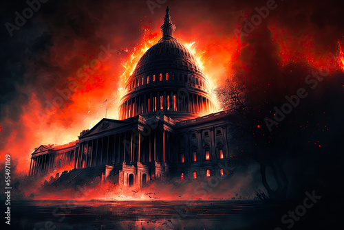 Civil war, radical extremism concept, Washington on fire. Generative AI