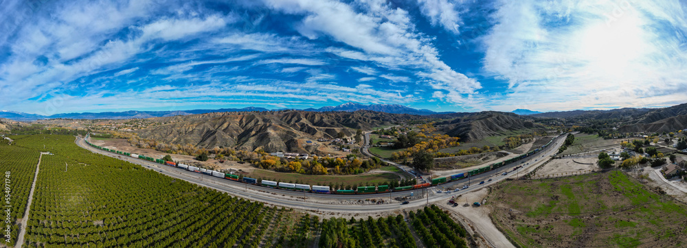 A Diesel Electric Cargo Train Running Through a Valley Next to an Orange Grove