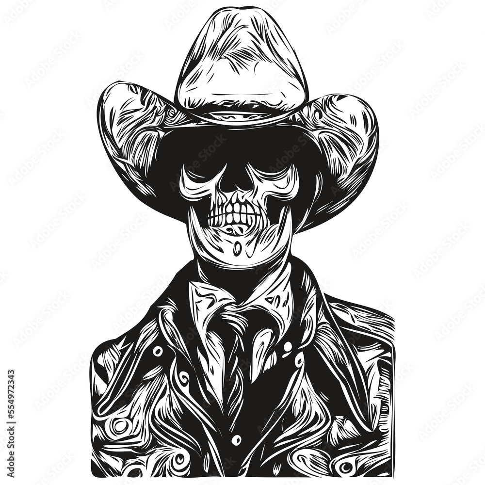 cowboy skulls hand drawing, skeleton skull with cowboy hat black and ...