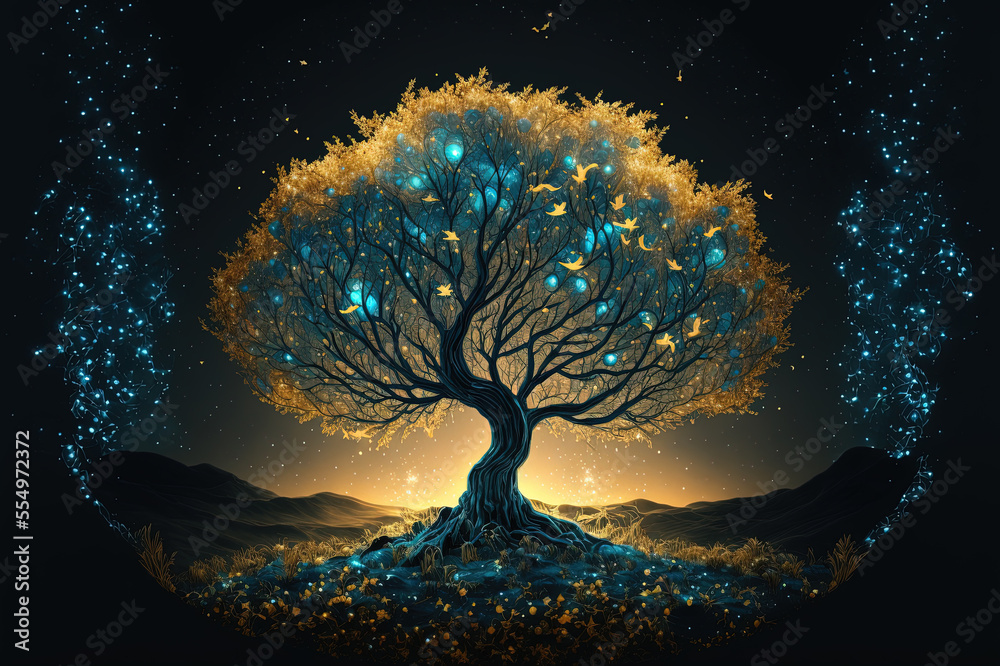 Golden tree illustration on dark background. Mystical forest. Generative AI - obrazy, fototapety, plakaty 