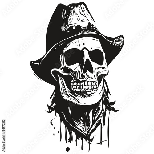 cowboy skulls hand drawing, skeleton skull with cowboy hat black and white line art