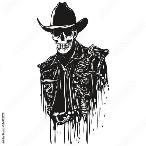 cowboy skulls hand drawing, skeleton skull with cowboy hat  black and white line art