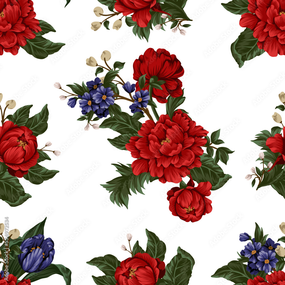 Seamless pattern with red peonies and small flowers. Vector.
