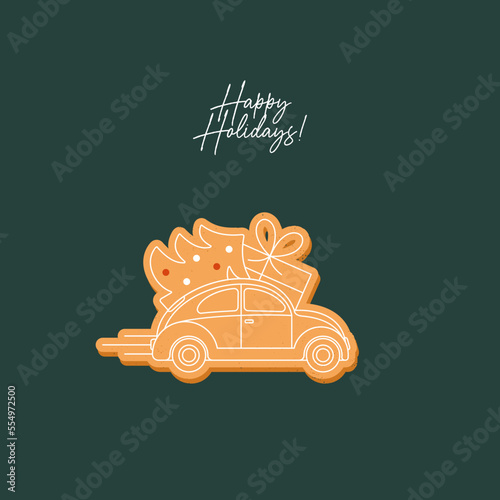 Christmas design template. Ginger bread car with the christmas tree. 