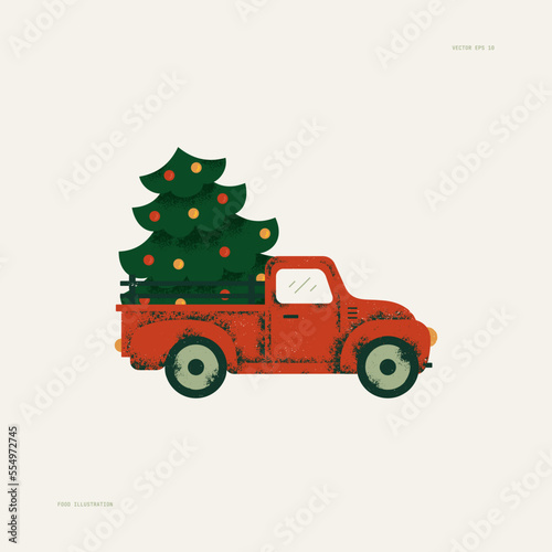 Christmas design template. Retro car with the christmas tree. 