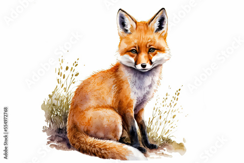 Cute cartoon watercolor fox illustration. Forest animal. Generative AI