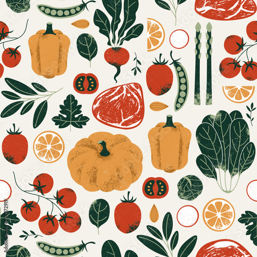 Food seamless pattern. Vintage textured vegetables and meat. 
