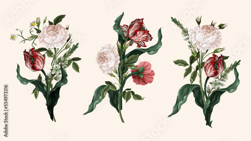 Bouquet with vintage roses, tulips and ohter flowers isolated. Vector.