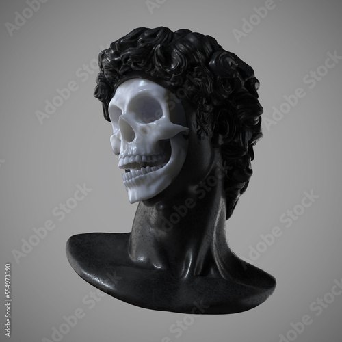 Abstract digital illustration from 3D rendering of a classical black distressed metal head bust missing face unveiling a shiny bone skull inside and isolated on dark background.